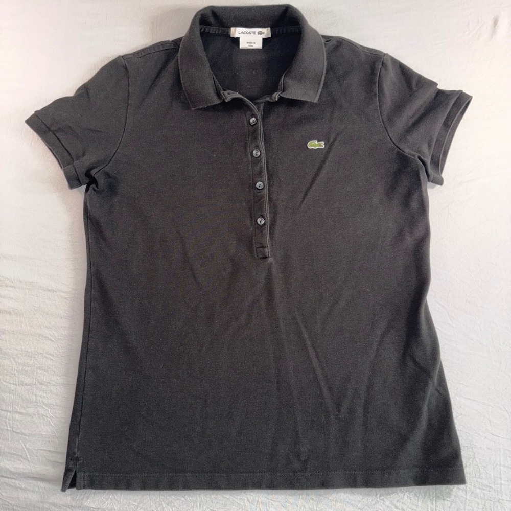Lacoste Womens Black Short Sleeve Pique Polo Henley Shirt Stretch Size 40 F8332